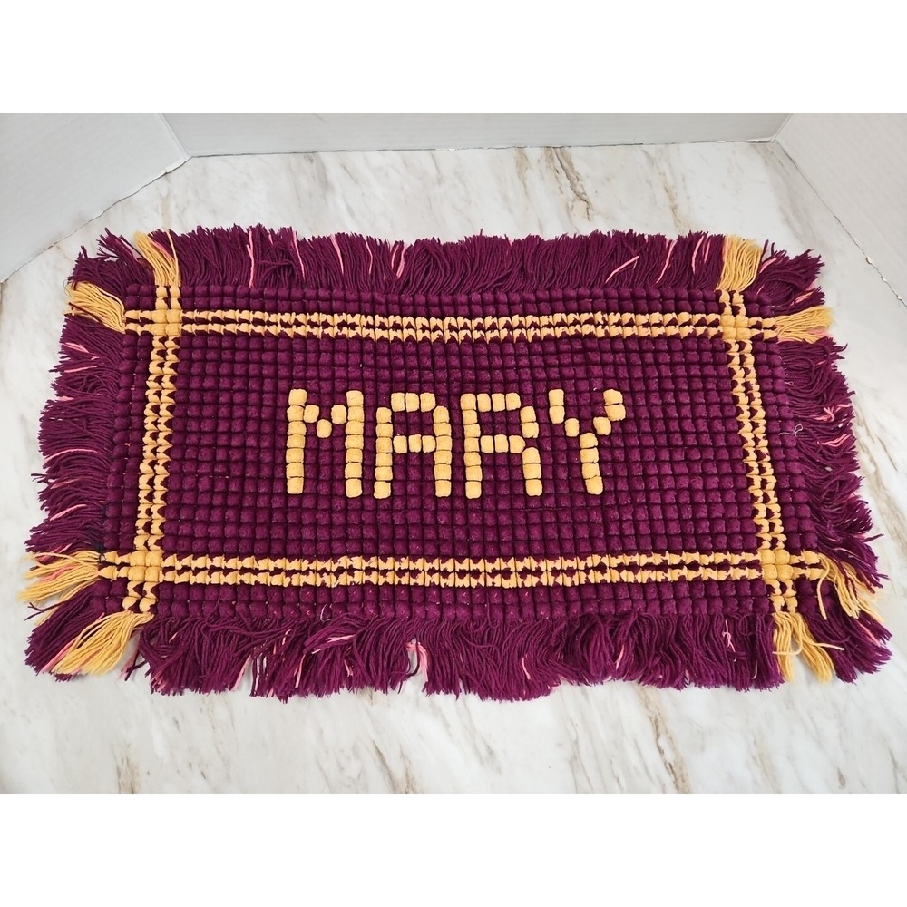 Vtg Pom Pom Doily Handmade Retro Hippie Centerpiece Placemat Fringe Mary‎ Purple